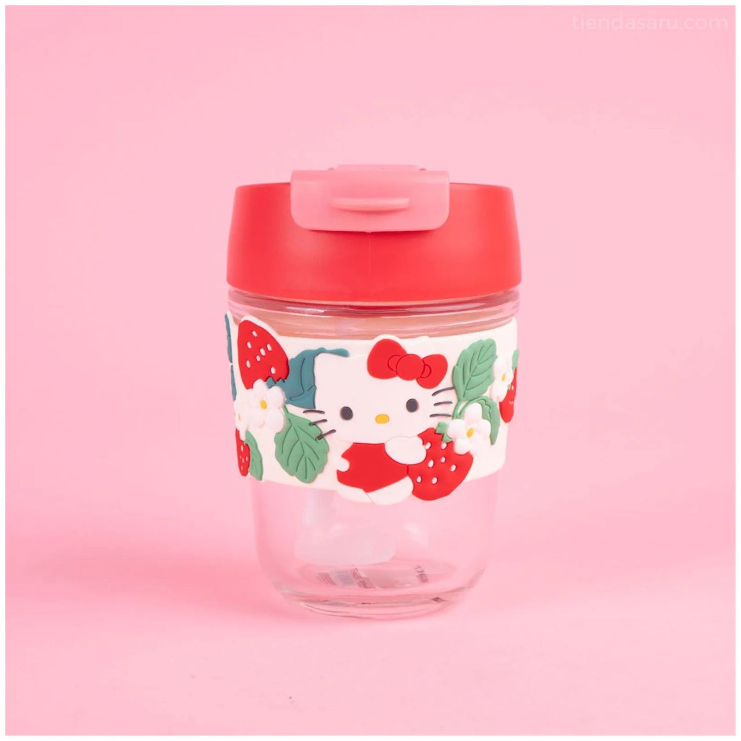 Vaso de Vidrio Sanrio Hello Kitty 350 ml con Tapa y Doble Boquilla