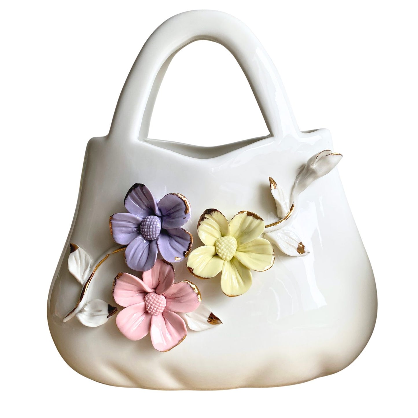 Adorno Florero de Cerámica en Forma de Bolso con Flores 23 x 21 cm