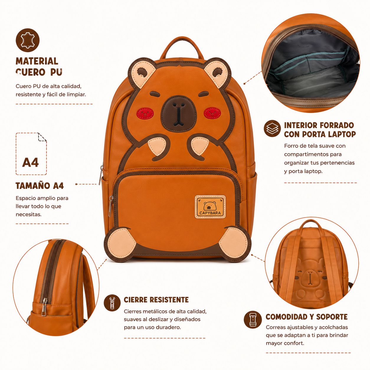 Mochila Capibara Tamaño A4 Cuero PU