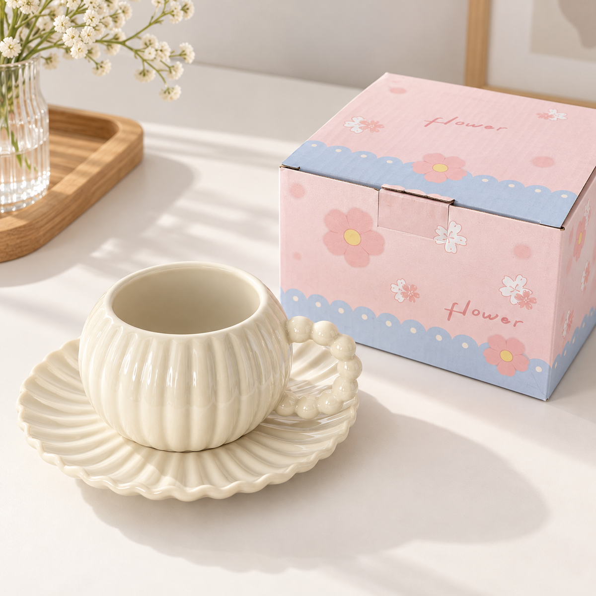 Taza de Cerámica Nacarada con Plato - 400 ml