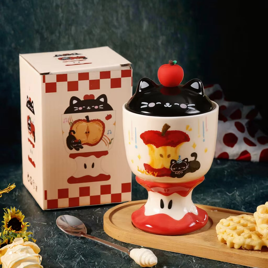 Copa de Cerámica Gatito Manzana con Tapa – 450 ml