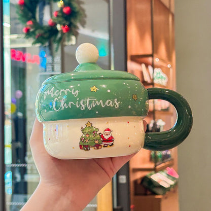 Taza de Cerámica Navideña con Tapa y Cucharita 430 ml