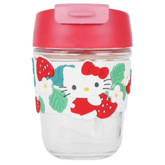 Vaso de Vidrio Sanrio Hello Kitty 350 ml con Tapa y Doble Boquilla