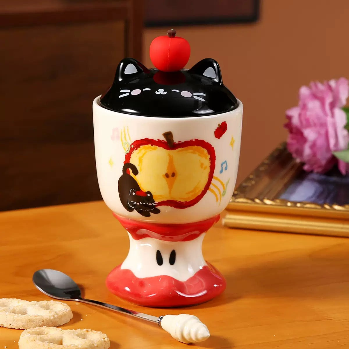 Copa de Cerámica Gatito Manzana con Tapa – 450 ml