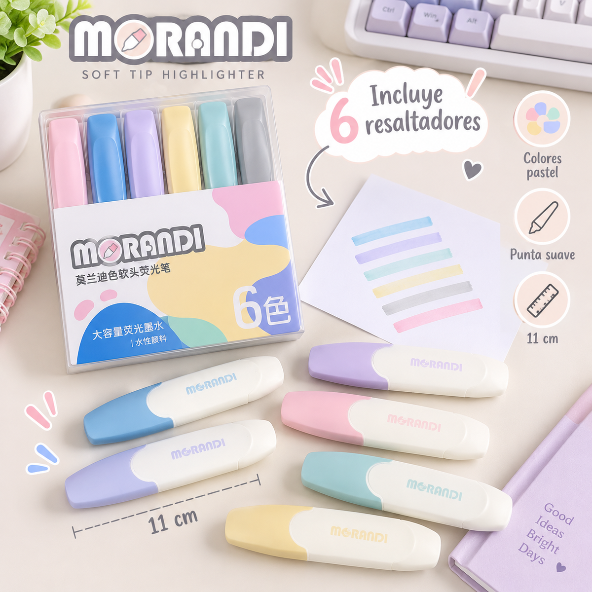 Set de 6 Resaltadores Morandi Pastel Soft Tip