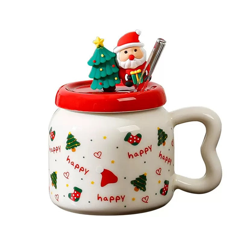 Taza de Cerámica Navideña con Tapa 450 ml