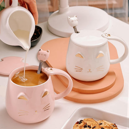 Taza de Cerámica Gato con Tapa y Cucharita – 400 ml