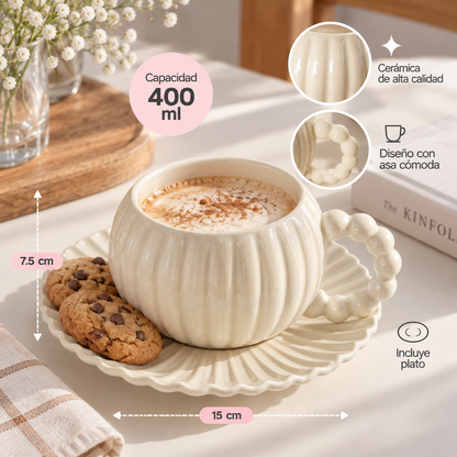 Taza de Cerámica Nacarada con Plato - 400 ml
