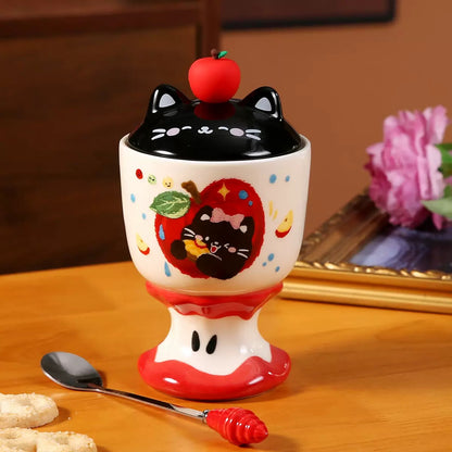 Copa de Cerámica Gatito Manzana con Tapa – 450 ml