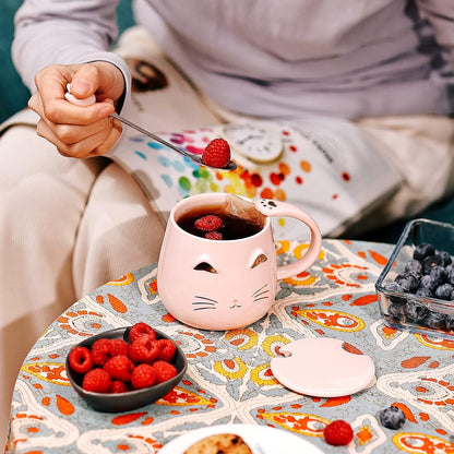 Taza de Cerámica Gato con Tapa y Cucharita – 400 ml