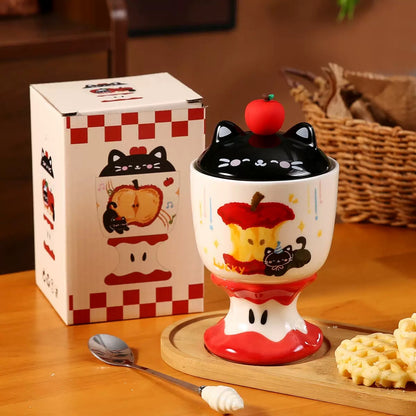 Copa de Cerámica Gatito Manzana con Tapa – 450 ml