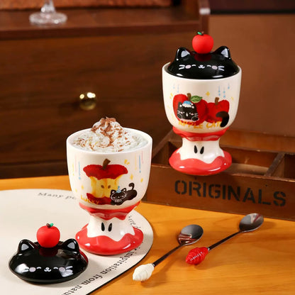 Copa de Cerámica Gatito Manzana con Tapa – 450 ml