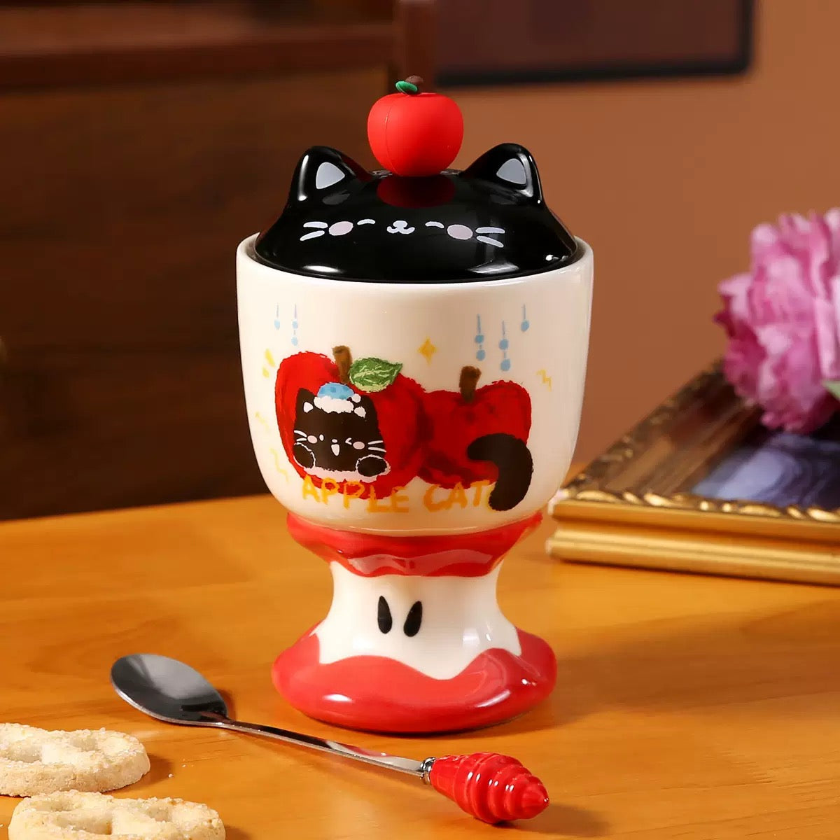 Copa de Cerámica Gatito Manzana con Tapa – 450 ml
