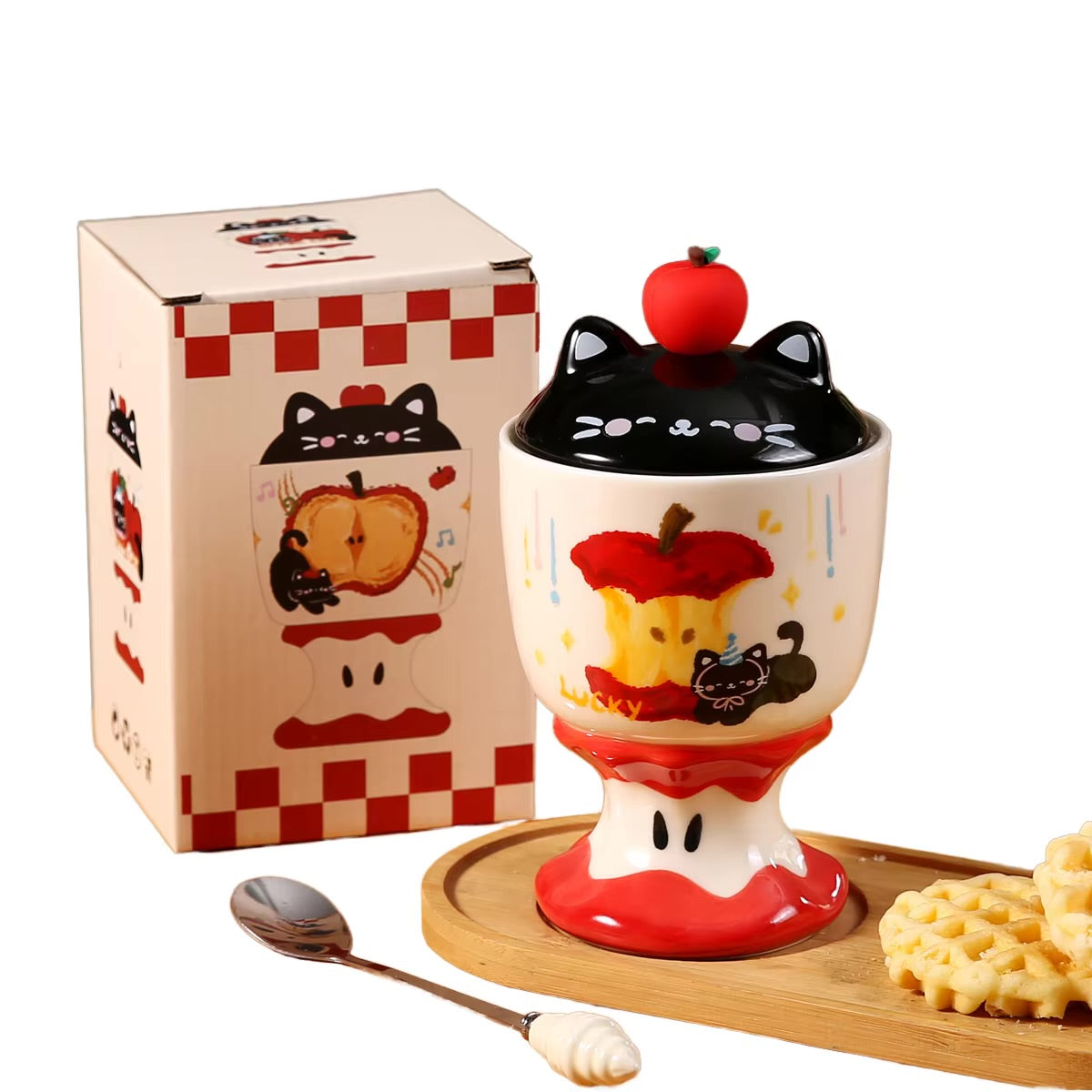 Copa de Cerámica Gatito Manzana con Tapa – 450 ml