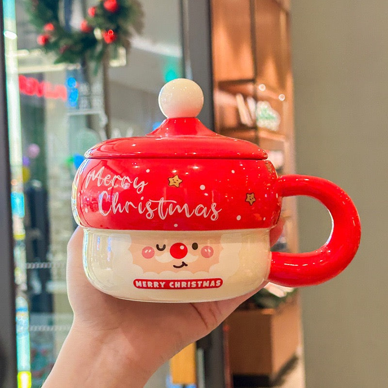 Taza de Cerámica Navideña con Tapa y Cucharita 430 ml
