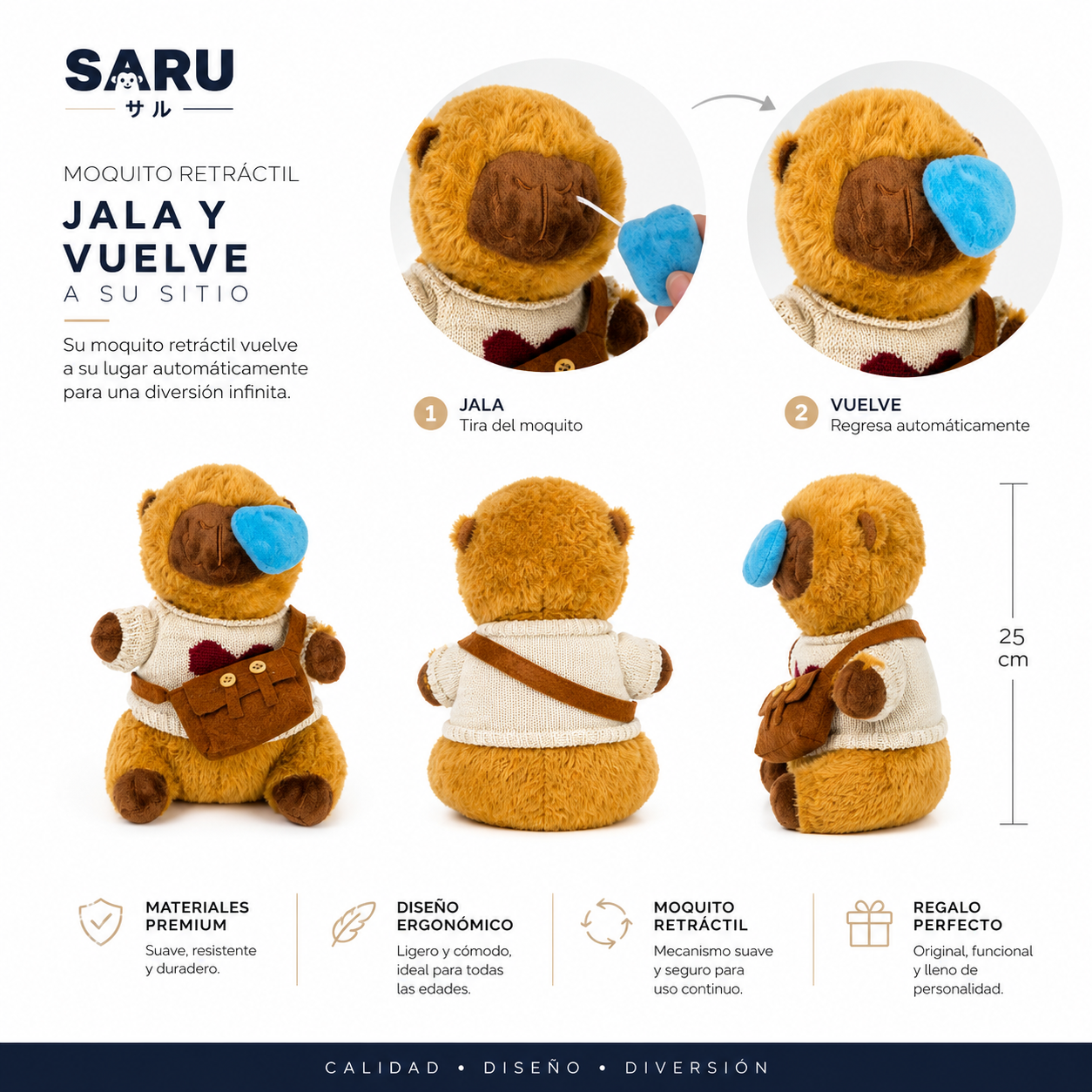 Peluche Capibara Moquito Retráctil 25 cm