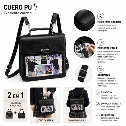 Mochila Cartera Ita Bag 2 en 1 Personalizable de Cuero PU con Panel Transparente