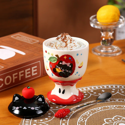 Copa de Cerámica Gatito Manzana con Tapa – 450 ml
