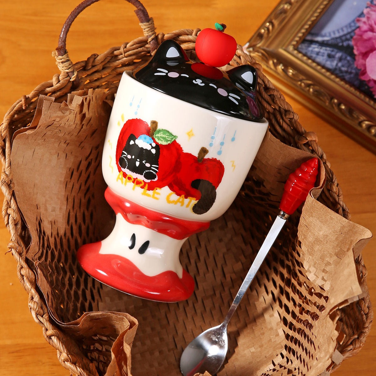Copa de Cerámica Gatito Manzana con Tapa – 450 ml