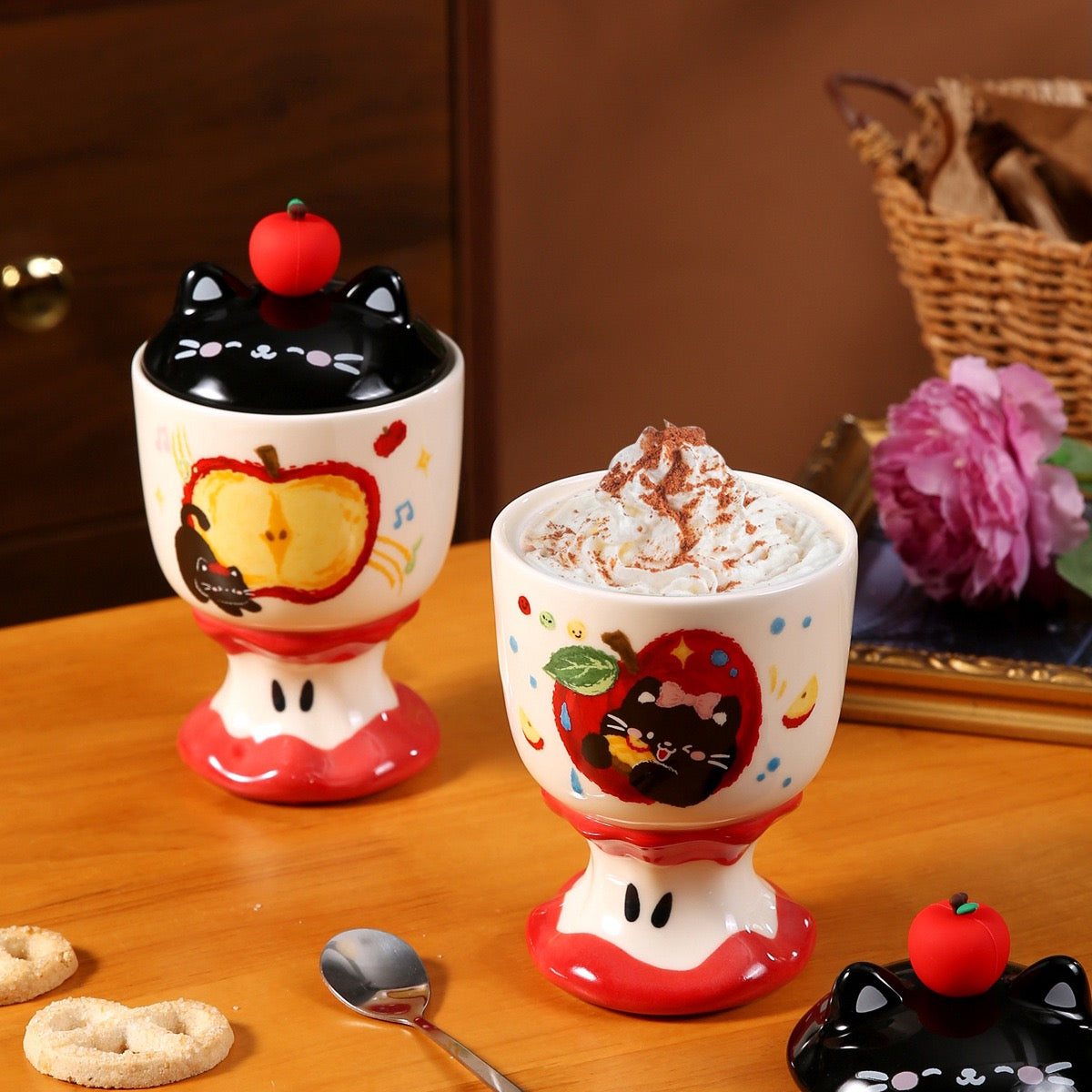 Copa de Cerámica Gatito Manzana con Tapa – 450 ml