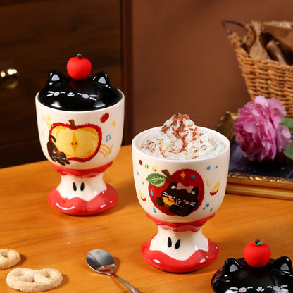 Copa de Cerámica Gatito Manzana con Tapa – 450 ml