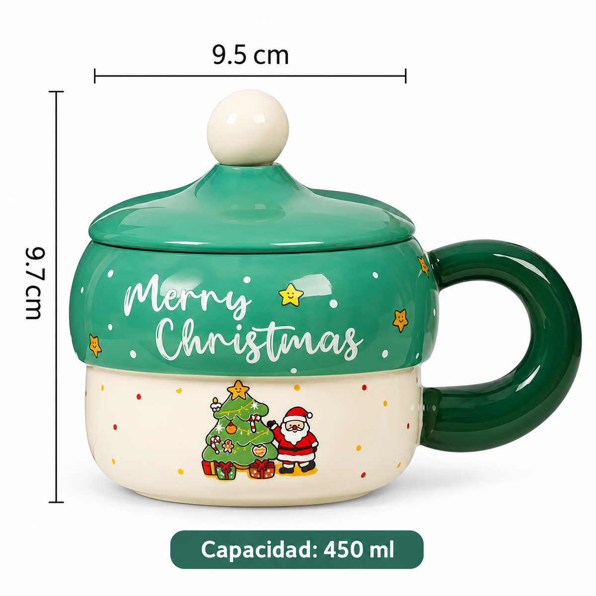 Taza de Cerámica Navideña con Tapa y Cucharita 430 ml