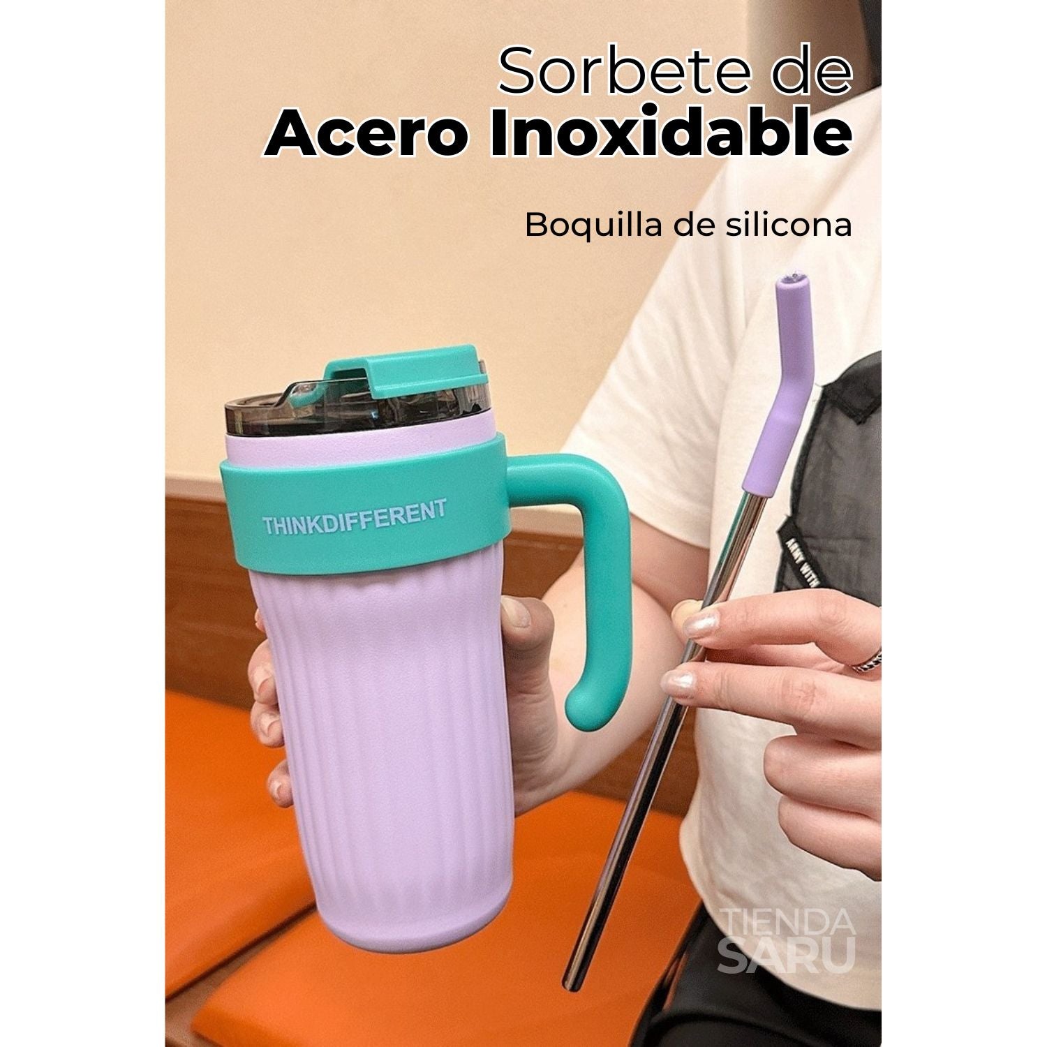 Vaso Térmico de Acero Inoxidable Antiderrame con Asa y Sorbete 860 ml