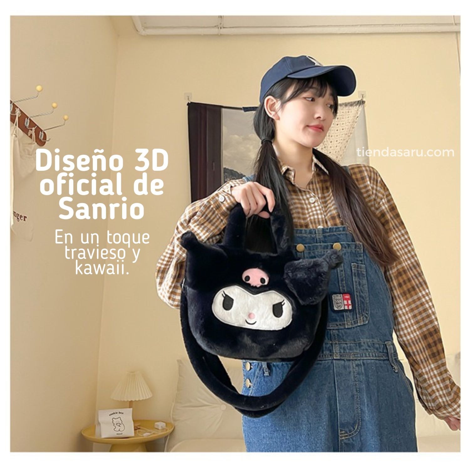 Bolso de Peluche Kuromi 3D con Correa Desmontable