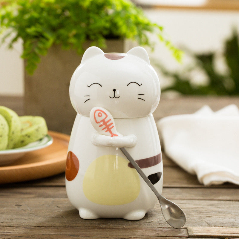 Taza Mug Gato 3D de Cerámica con Tapa y Cucharita – 400 ml