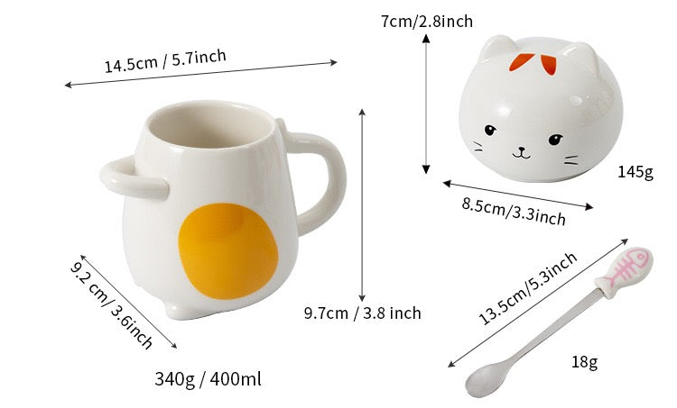 Taza Mug Gato 3D de Cerámica con Tapa y Cucharita – 400 ml