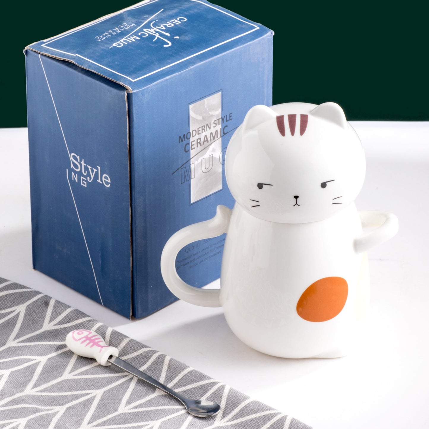 Taza Mug Gato 3D de Cerámica con Tapa y Cucharita – 400 ml