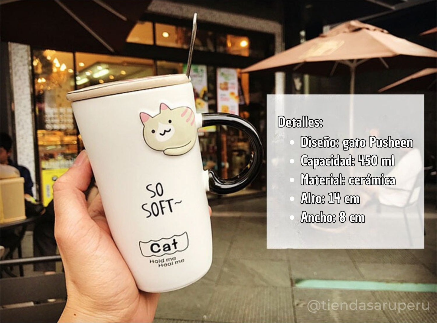 Taza de Cerámica Gato Pusheen con Tapa y Cucharita – 450 ml