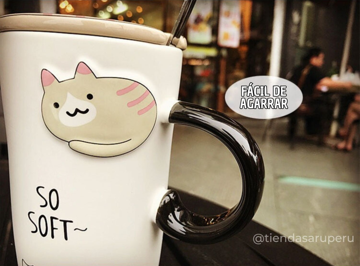 Taza de Cerámica Gato Pusheen con Tapa y Cucharita – 450 ml