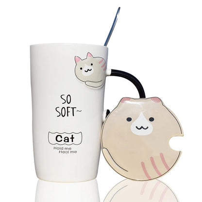 Taza de Cerámica Gato Pusheen con Tapa y Cucharita – 450 ml