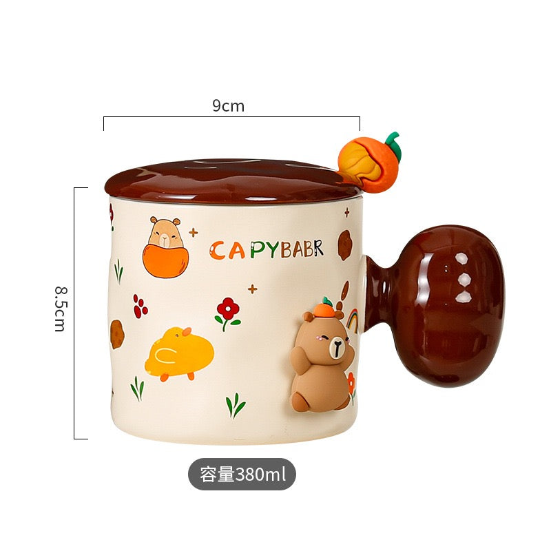 Taza de Cerámica Capibara 380 ml con Tapa y Cucharita