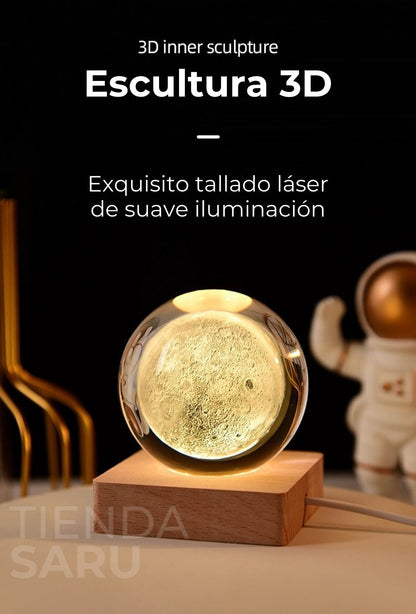 Esfera de Cristal LED Luna 3D con Base de Madera – 10 cm