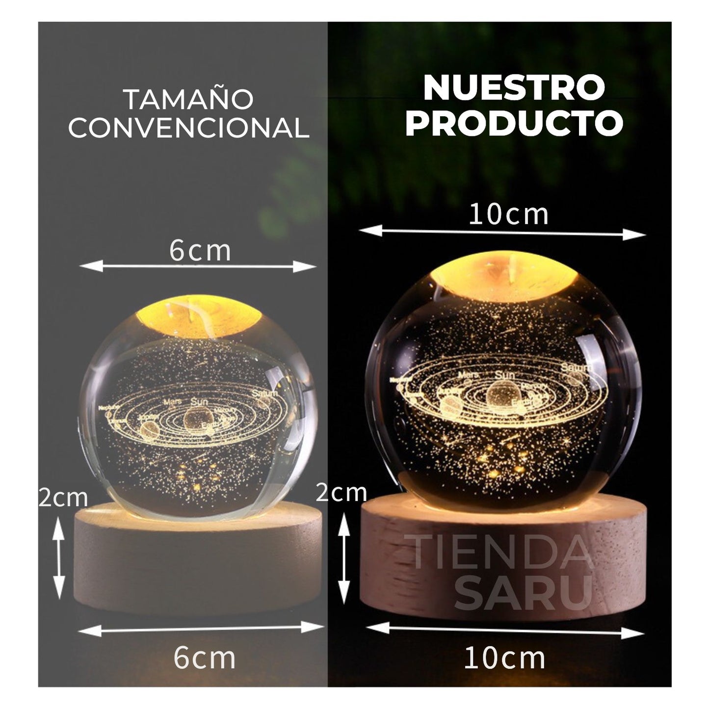 Esfera de Cristal LED Sistema Solar 3D con Base de Madera – 10 cm