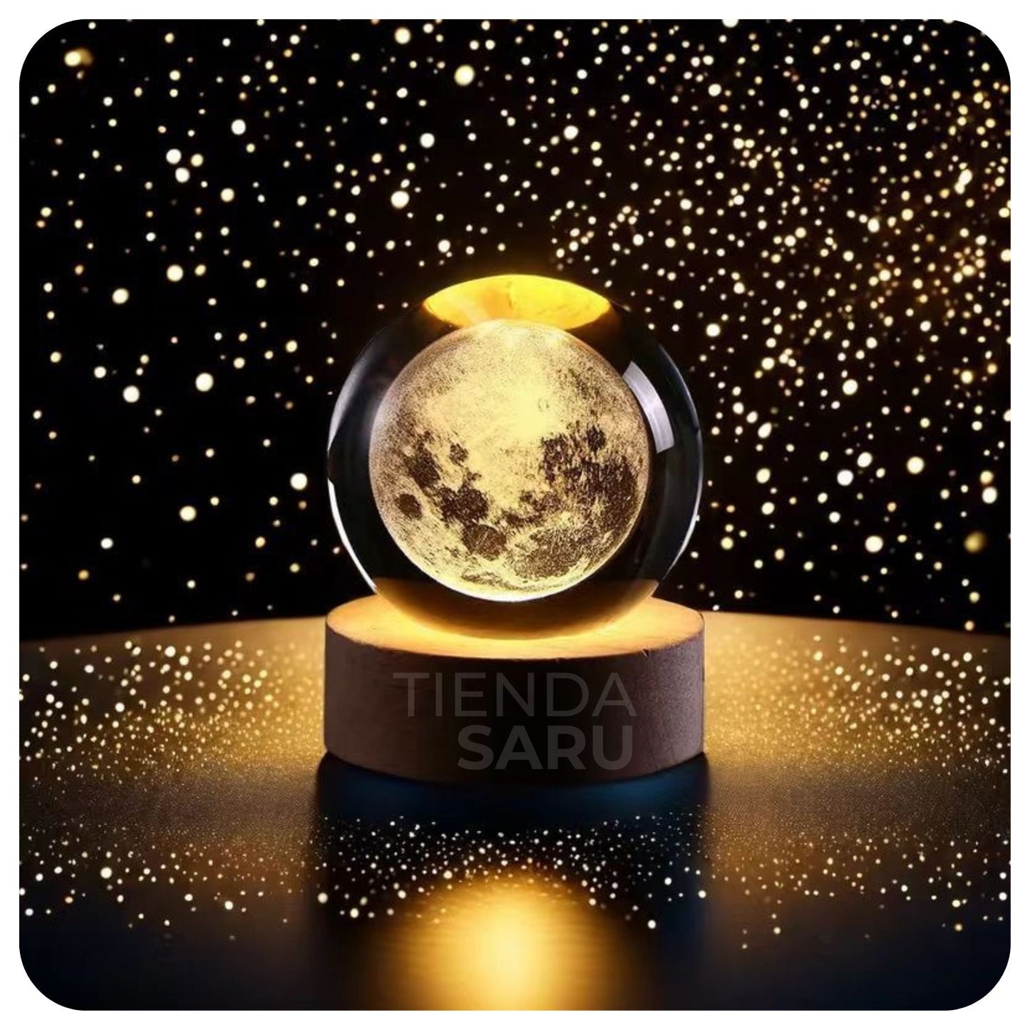 Esfera de Cristal LED Luna 3D con Base de Madera – 10 cm