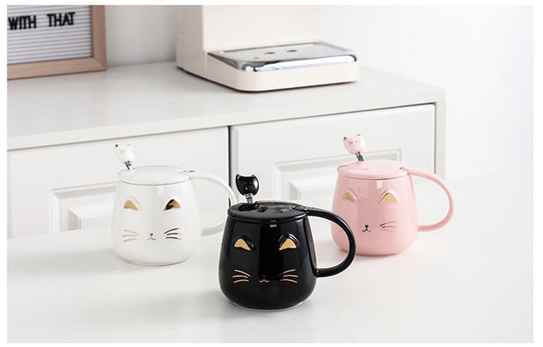 Taza de Cerámica Gato con Tapa y Cucharita – 400 ml