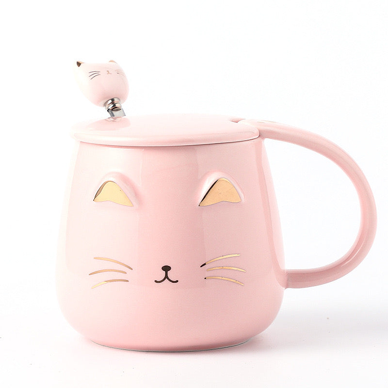 Taza de Cerámica Gato con Tapa y Cucharita – 400 ml