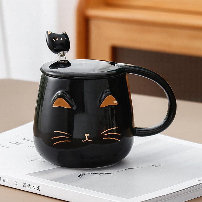 Taza de Cerámica Gato con Tapa y Cucharita – 400 ml