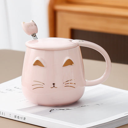 Taza de Cerámica Gato con Tapa y Cucharita – 400 ml