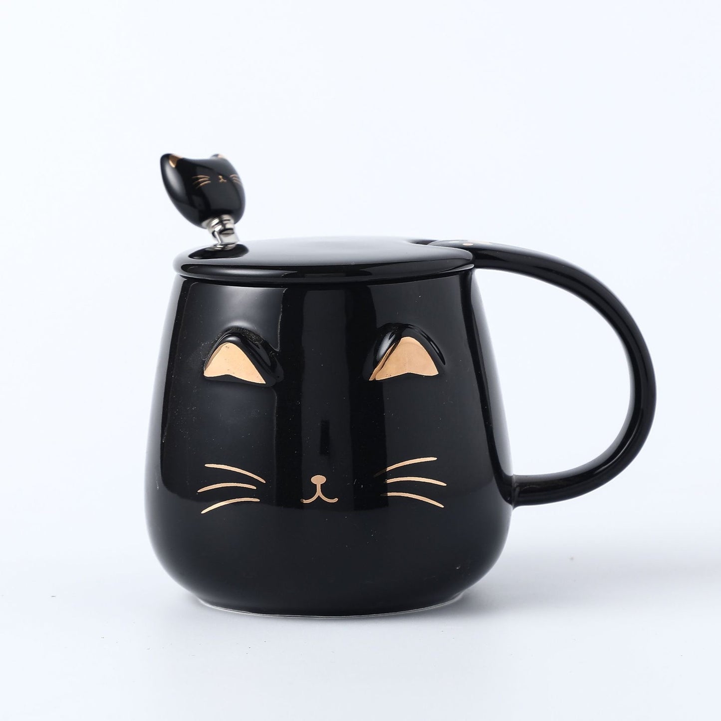 Taza de Cerámica Gato con Tapa y Cucharita – 400 ml