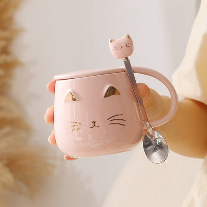 Taza de Cerámica Gato con Tapa y Cucharita – 400 ml