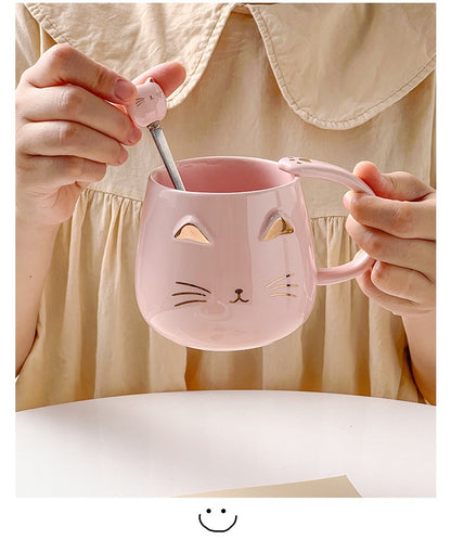 Taza de Cerámica Gato con Tapa y Cucharita – 400 ml