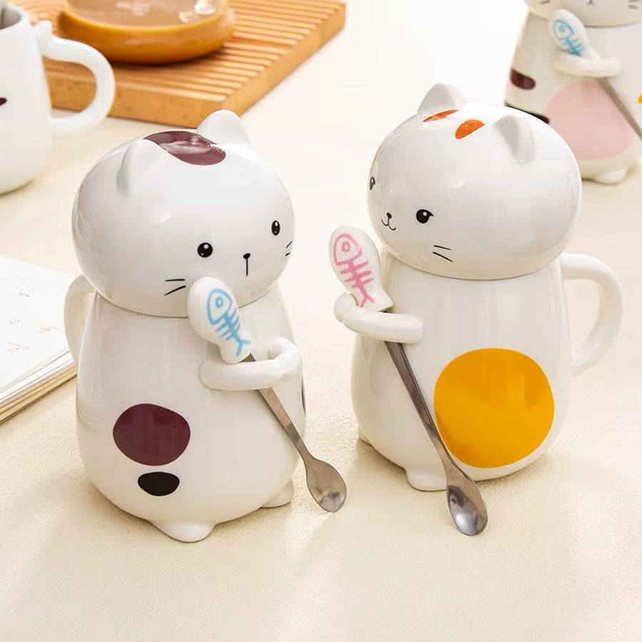 3D Cat Ceramic Mug with Lid and Spoon – 400 ml