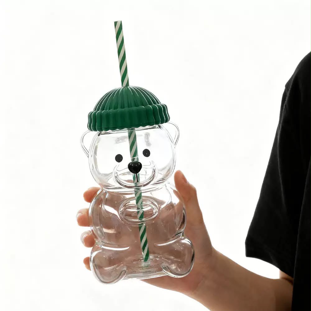 Botella de Vidrio Borosilicato Osito 600 ml con Sorbete y Tapa de Silicona