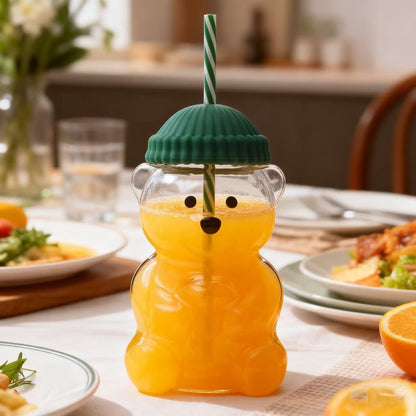 Botella de Vidrio Borosilicato Osito 600 ml con Sorbete y Tapa de Silicona