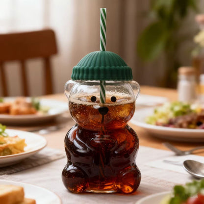 Botella de Vidrio Borosilicato Osito 600 ml con Sorbete y Tapa de Silicona