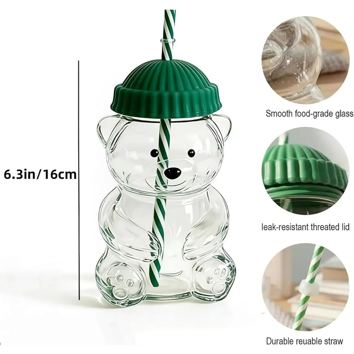 Botella de Vidrio Borosilicato Osito 600 ml con Sorbete y Tapa de Silicona